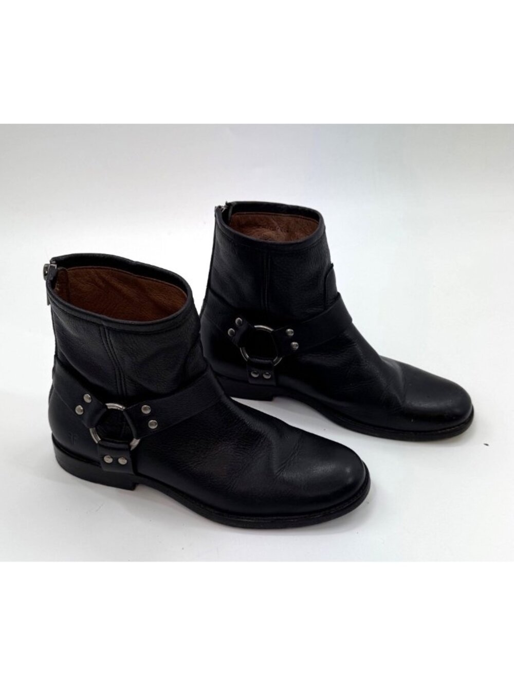 Frye Phillip Harness Ankle Boots Black Leather Side Zip Moto Booties Size 7